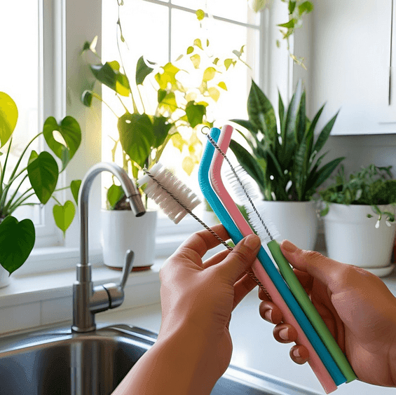 Use a straw brush with soap and warm water.